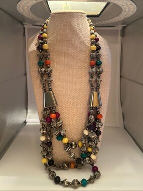 Double strand necklace silver antique style colorful boho southwestern inspired